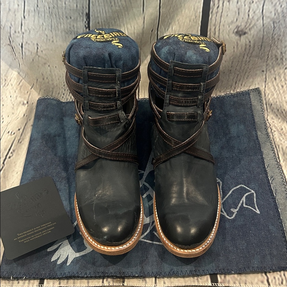 Freebird by Steven Stair Navy Blue Denim Buckle Ankle Boots Size 10 - Picture 2 of 16